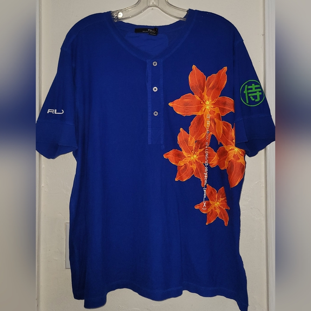 RLX Ralph Lauren Blue Short Sleeve Hawaii Pacific Floral Henley Shirt Large